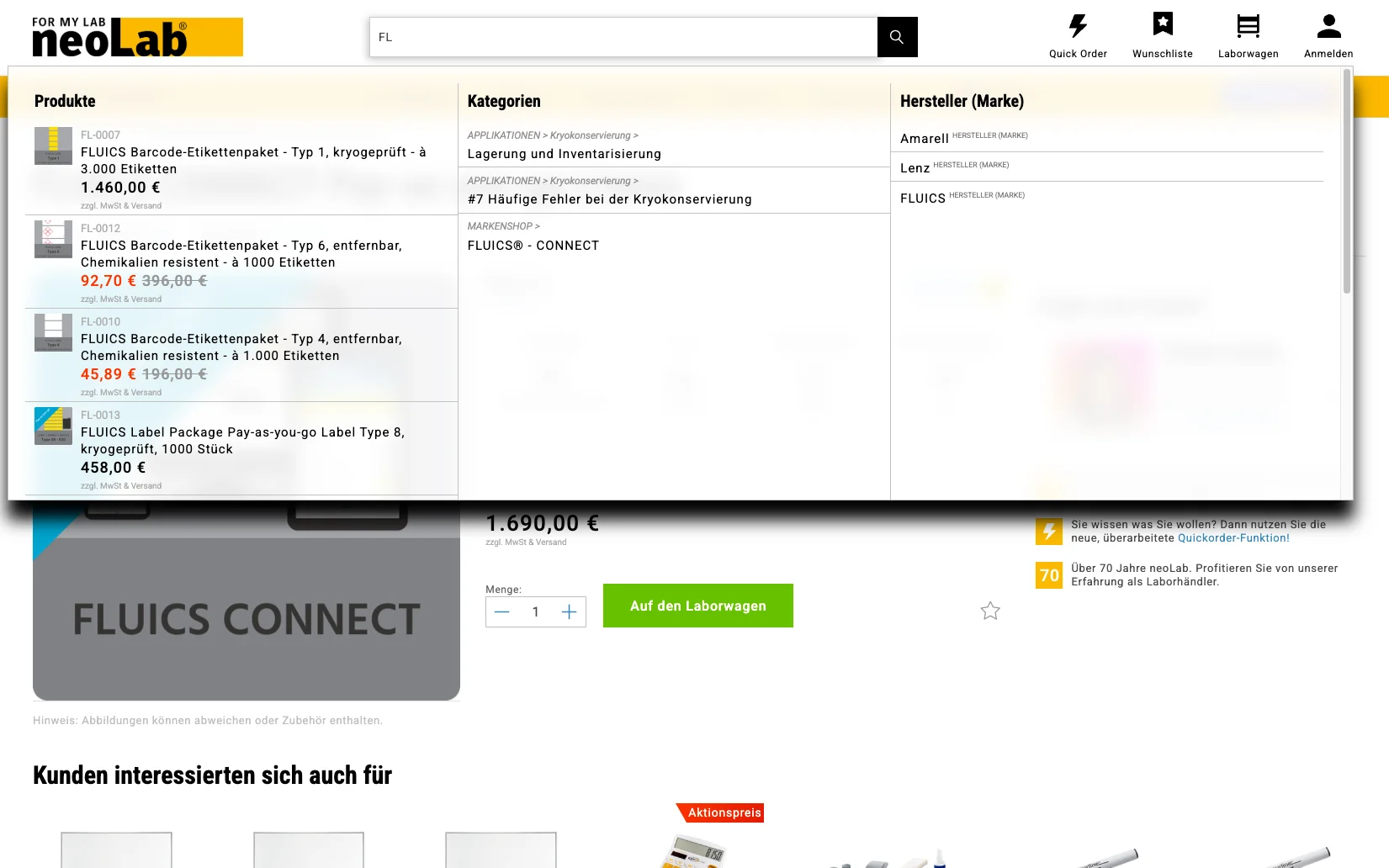 Screenshot-Beleg: neoLab — Kriterium 2.3 Suchvorschläge während der Eingabe