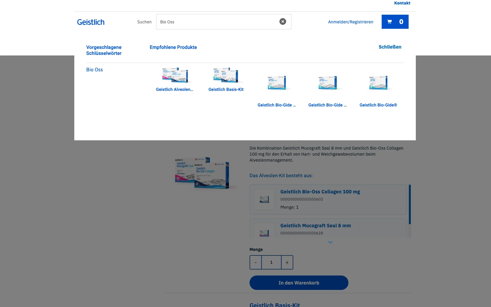 Screenshot-Beleg: Geistlich — Kriterium 2.3 Suchvorschläge während der Eingabe