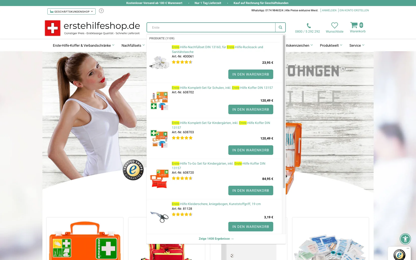 Screenshot-Beleg: erstehilfeshop.de — Kriterium 2.3 Suchvorschläge während der Eingabe