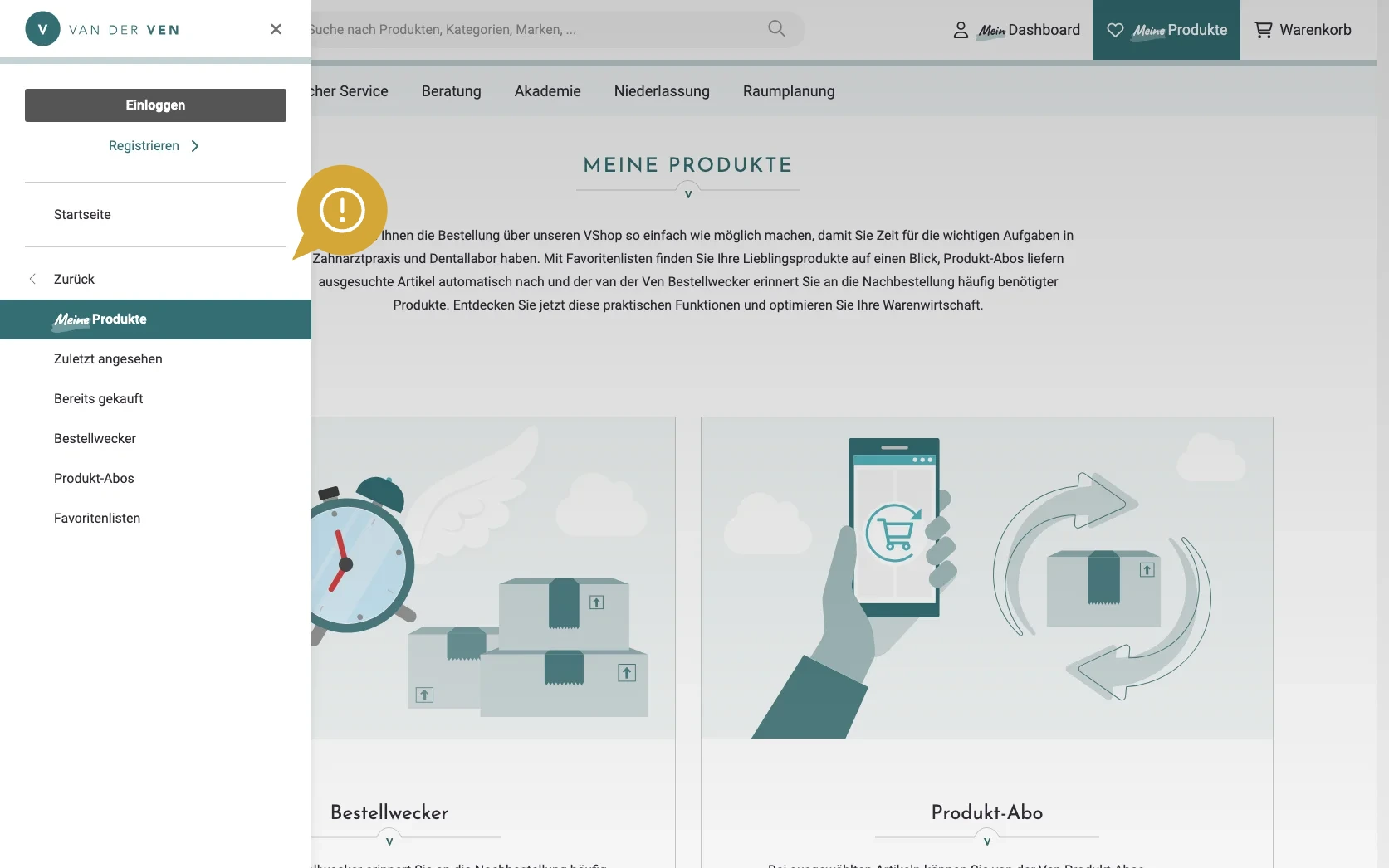 Screenshot-Beleg: van der Ven Dental — Kriterium 2.4 Mega-Menü / Hauptnavigation