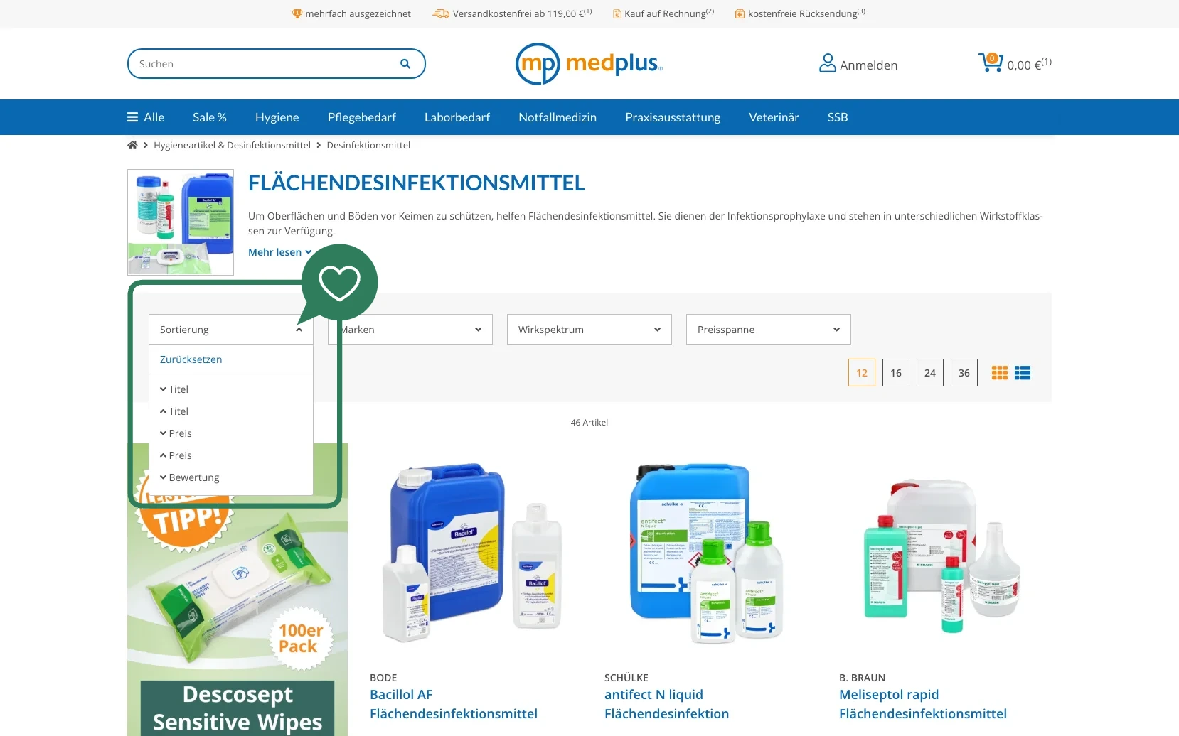 Screenshot-Beleg: medplus24 — Kriterium 3.2 Sortieroptionen