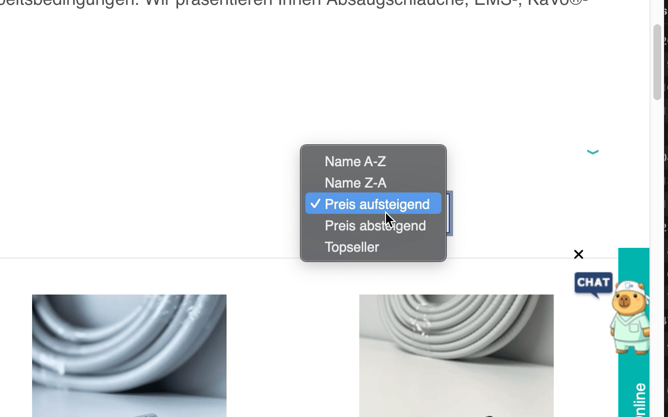 Screenshot-Beleg: Dentalkauf24 — Kriterium 3.2 Sortieroptionen
