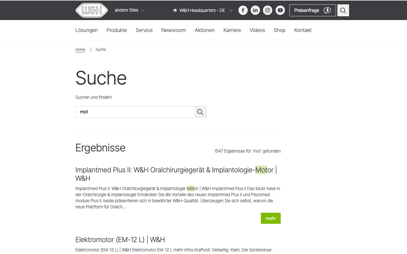 Screenshot-Beleg: W&H Dentalwerk — Kriterium 2.3 Suchvorschläge während der Eingabe