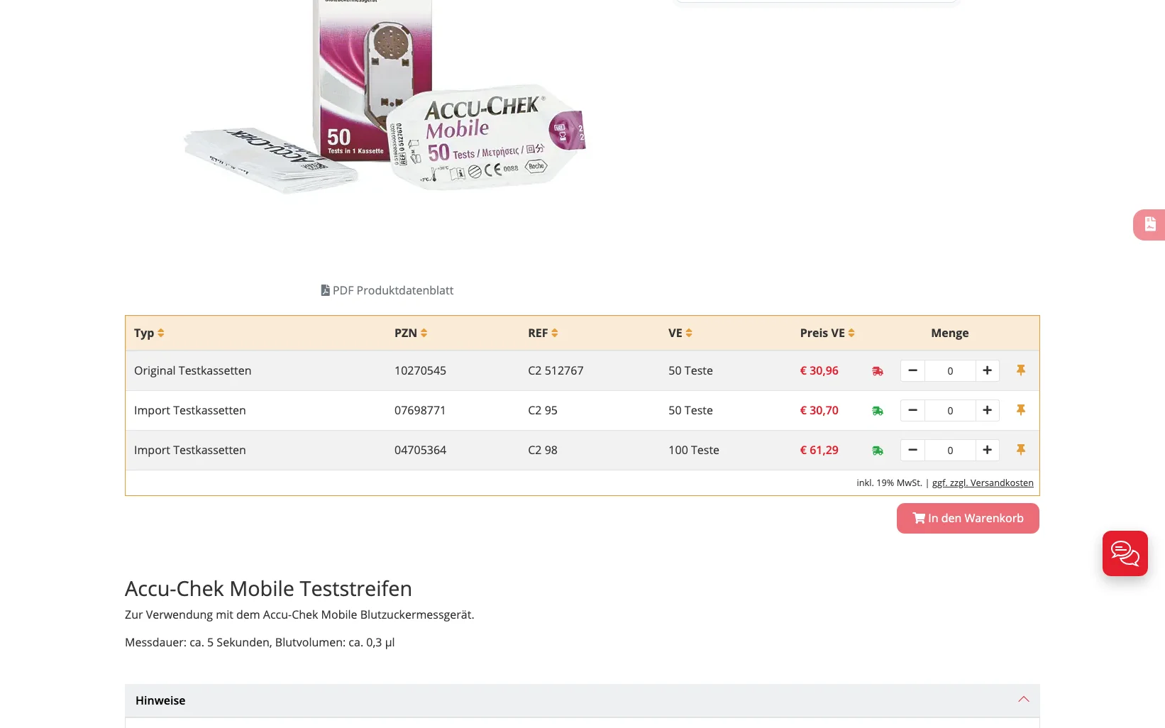 Screenshot-Beleg: Servoprax — Kriterium 4.4 Verpackungseinheit / Varianten