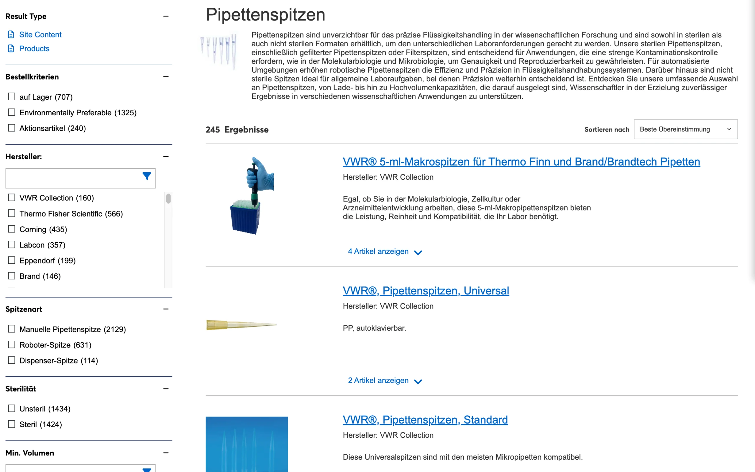 Screenshot-Beleg: VWR / Avantor — Kriterium 3.1 Filter in der Produktliste (Anzahl)