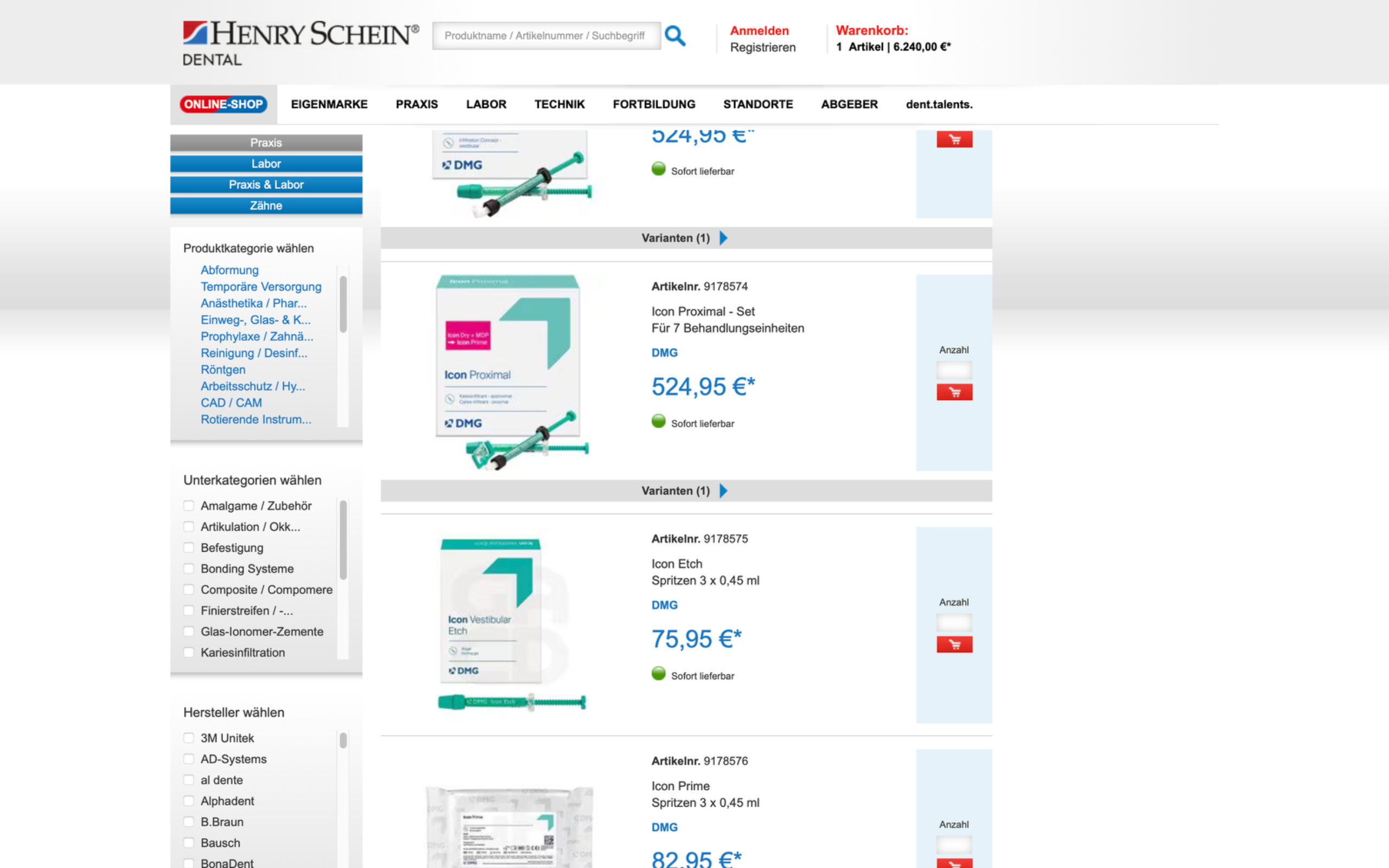 Screenshot-Beleg: Henry Schein Dental — Kriterium 3.1 Filter in der Produktliste (Anzahl)