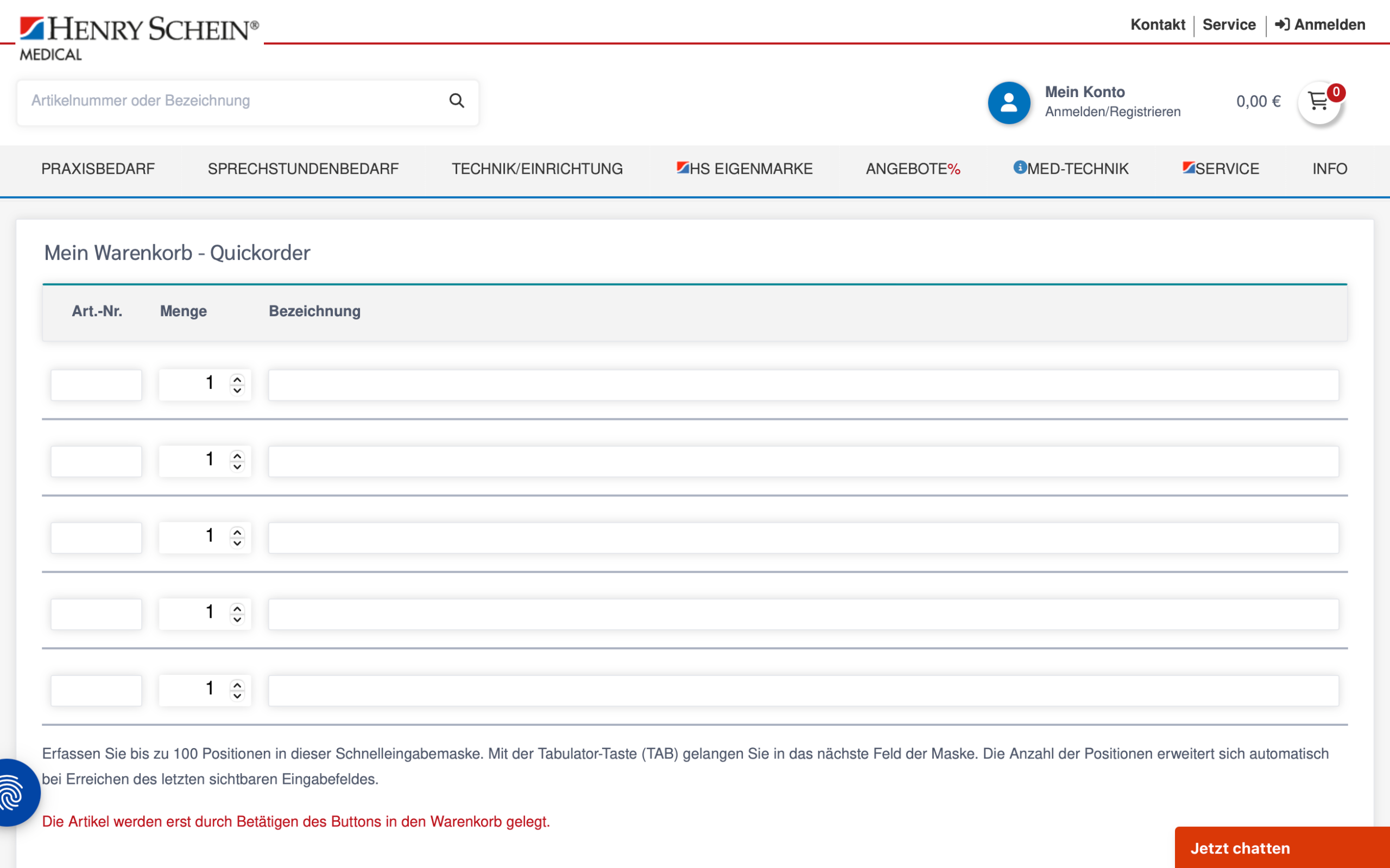 Screenshot-Beleg: Henry Schein Medical — Kriterium 5.4 Schnellbestellung per Artikelnr.