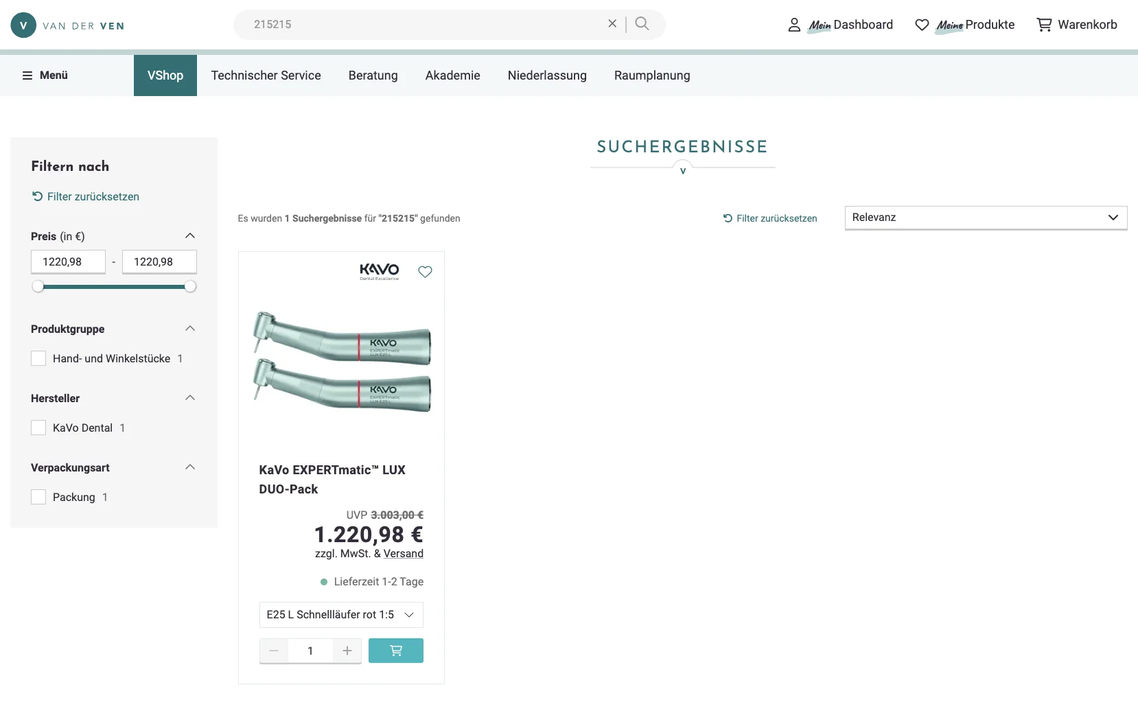 Screenshot-Beleg: van der Ven Dental — Kriterium 2.2 Suche per Artikelnr./PZN/REF