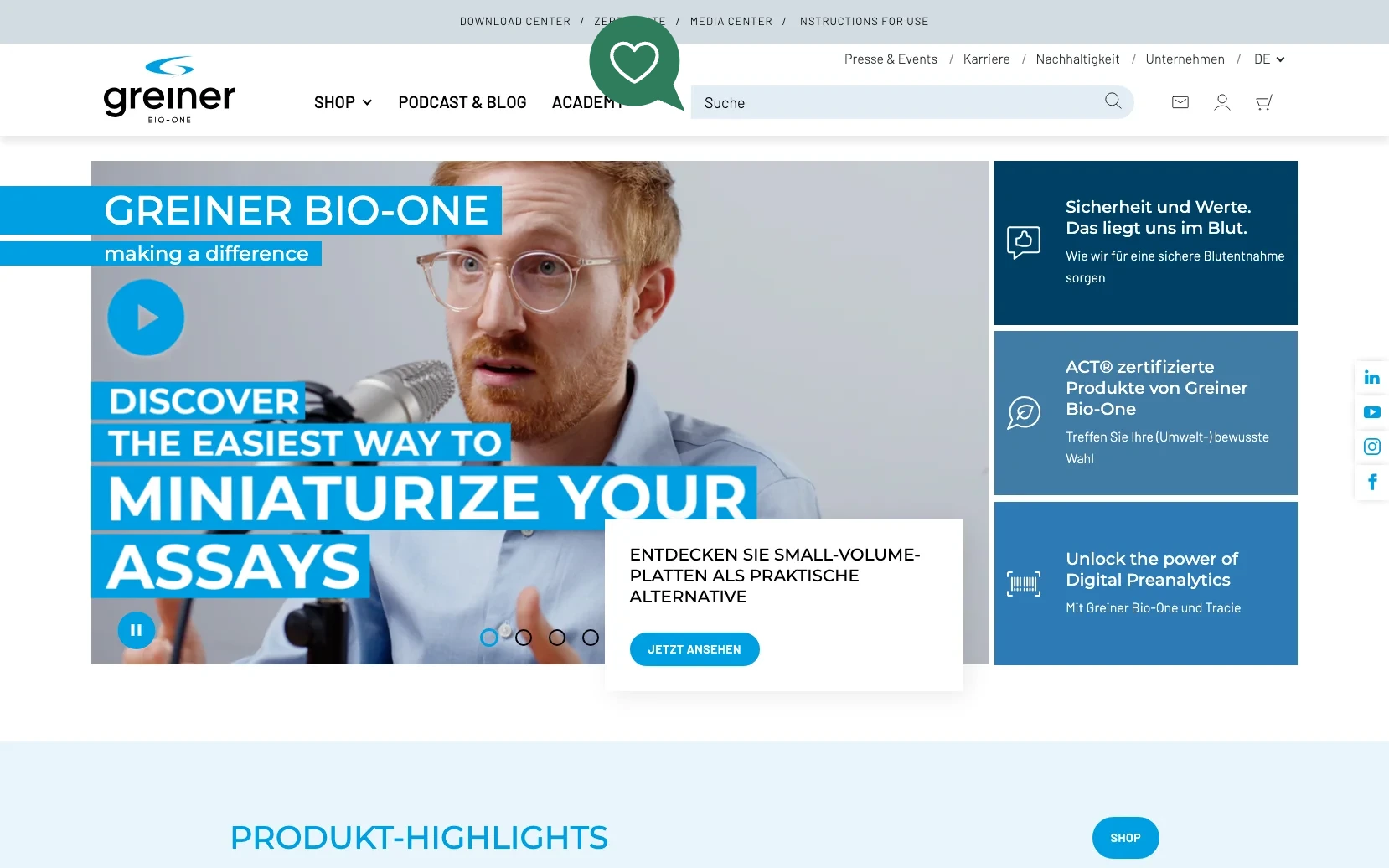 Screenshot-Beleg: Greiner Bio-One — Kriterium 2.1 Suchfeld persistent in Top-Bar