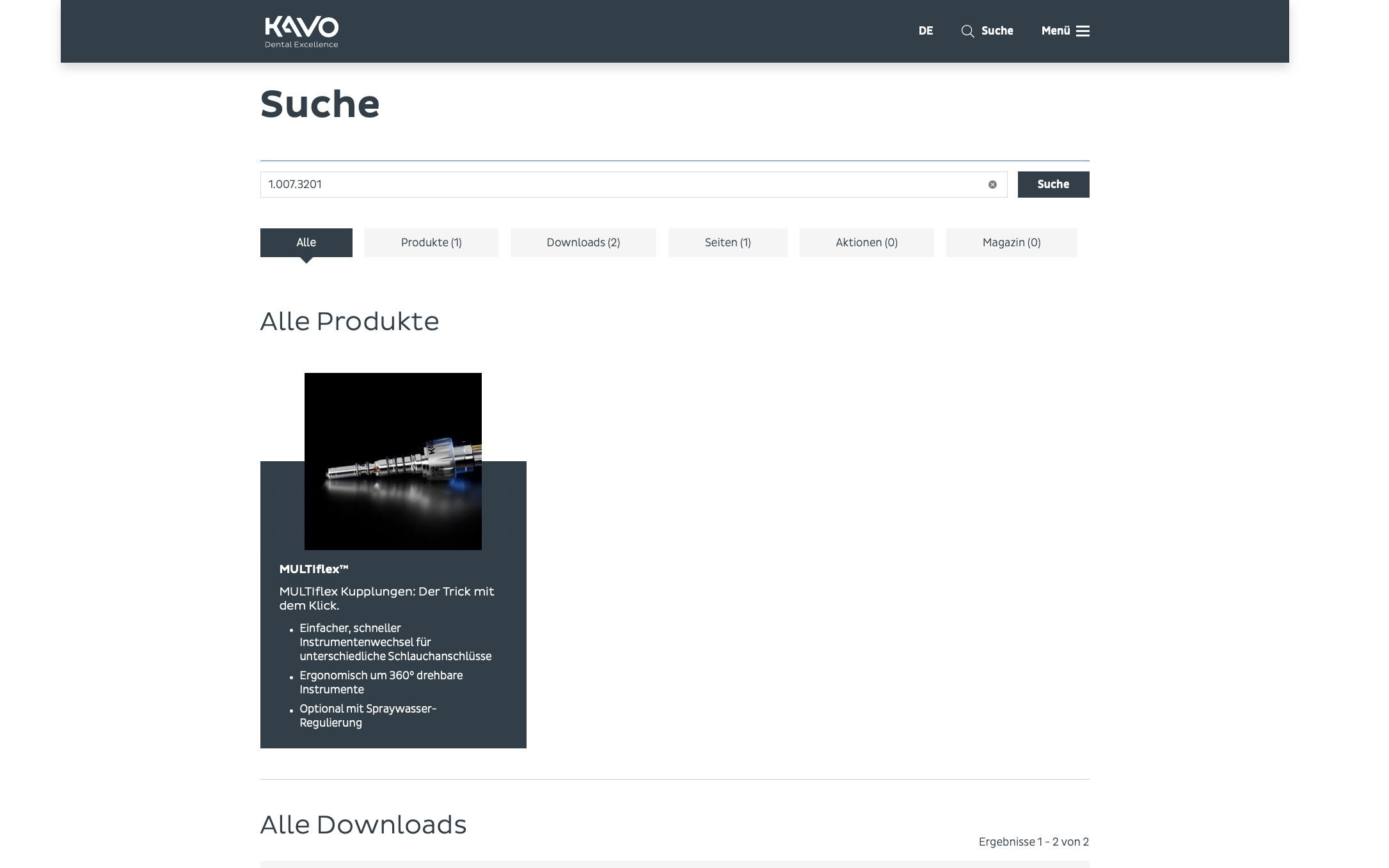 Screenshot-Beleg: KaVo Dental — Kriterium 2.2 Suche per Artikelnr./PZN/REF