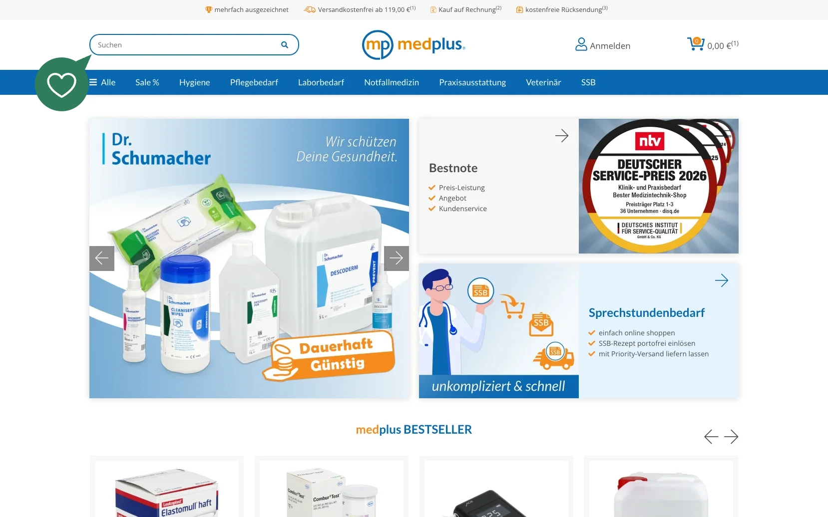 Screenshot-Beleg: medplus24 — Kriterium 2.1 Suchfeld persistent in Top-Bar