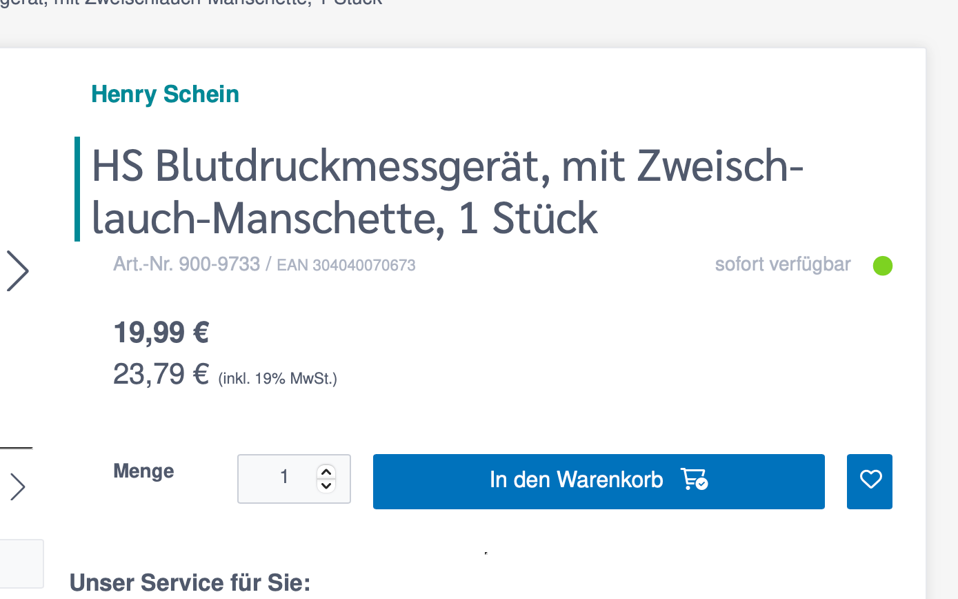 Screenshot-Beleg: Henry Schein Medical — Kriterium 5.3 Lieferzeit / Verfügbarkeit