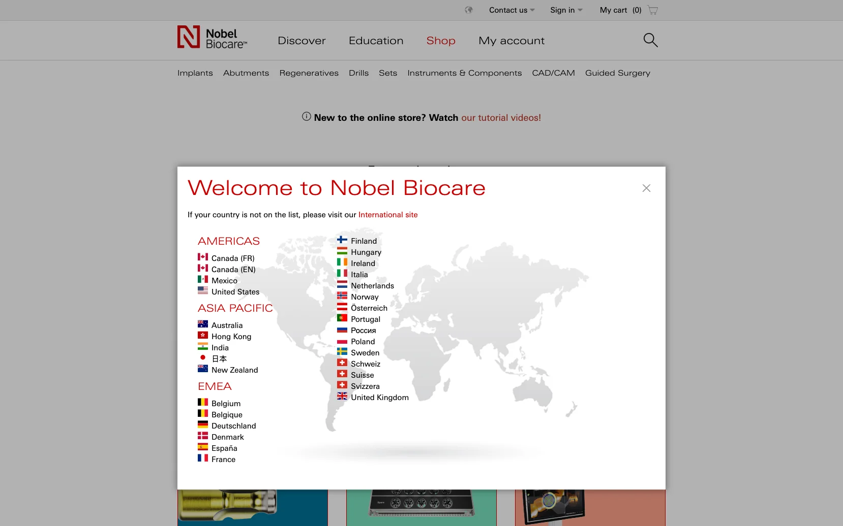 Screenshot-Beleg: Nobel Biocare — Kriterium 1.5 Sprachauswahl