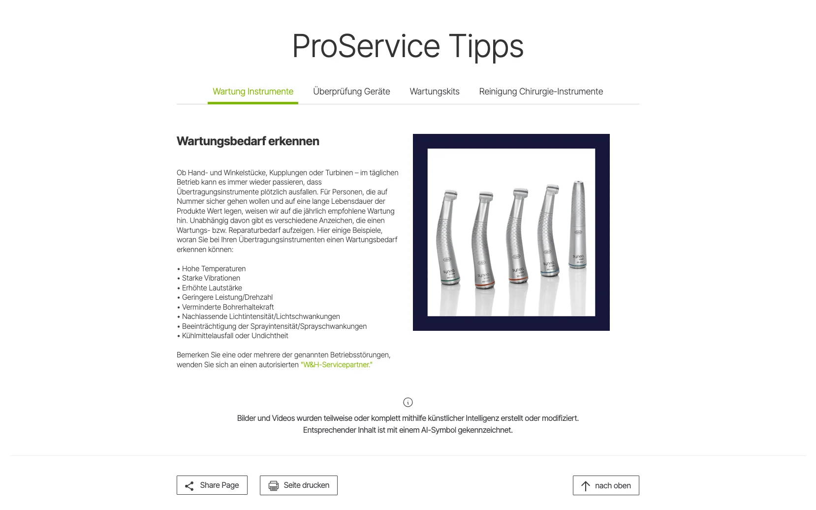 Screenshot-Beleg: W&H Dentalwerk — Kriterium 6.5 Service- / Wartungs-Bereich