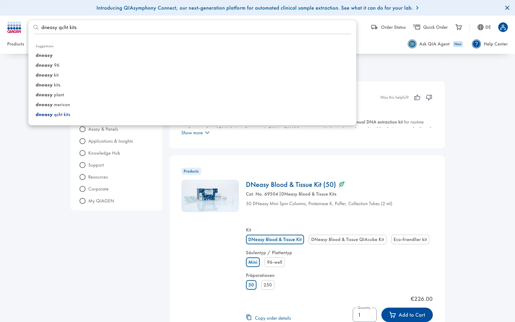 Screenshot-Beleg: QIAGEN — Kriterium 2.3 Suchvorschläge während der Eingabe