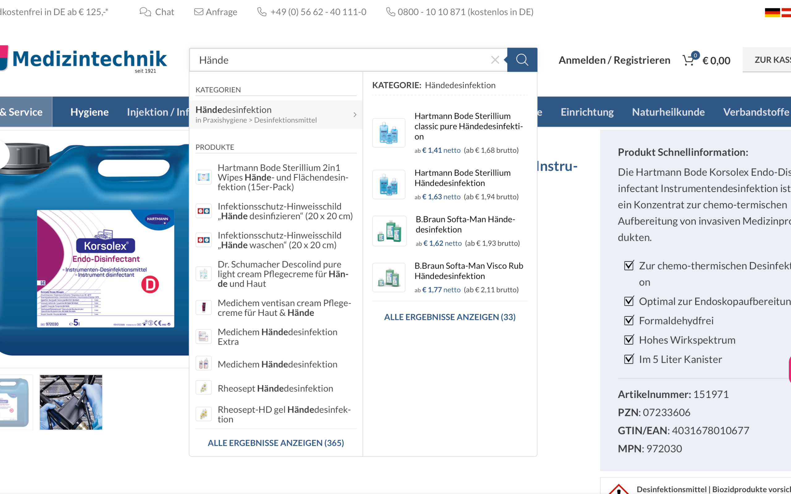Screenshot-Beleg: KS Medizintechnik — Kriterium 2.3 Suchvorschläge während der Eingabe