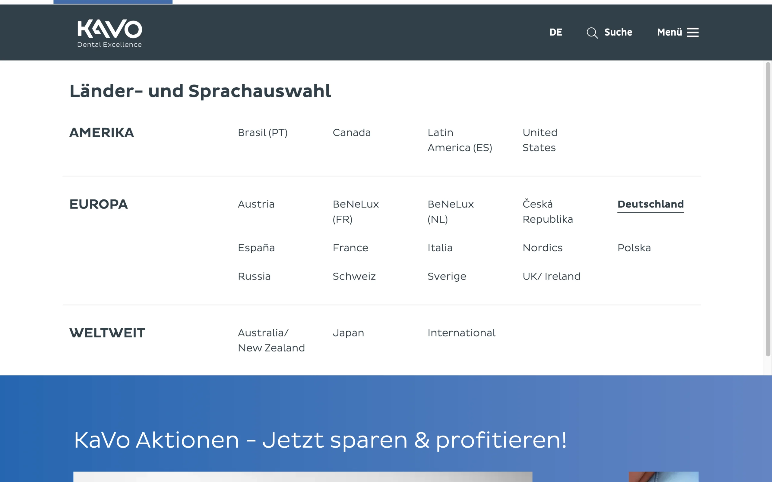 Screenshot-Beleg: KaVo Dental — Kriterium 1.5 Sprachauswahl