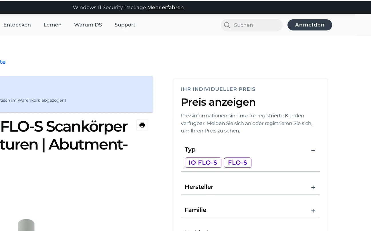 Screenshot-Beleg: Dentsply Sirona — Kriterium 2.1 Suchfeld persistent in Top-Bar