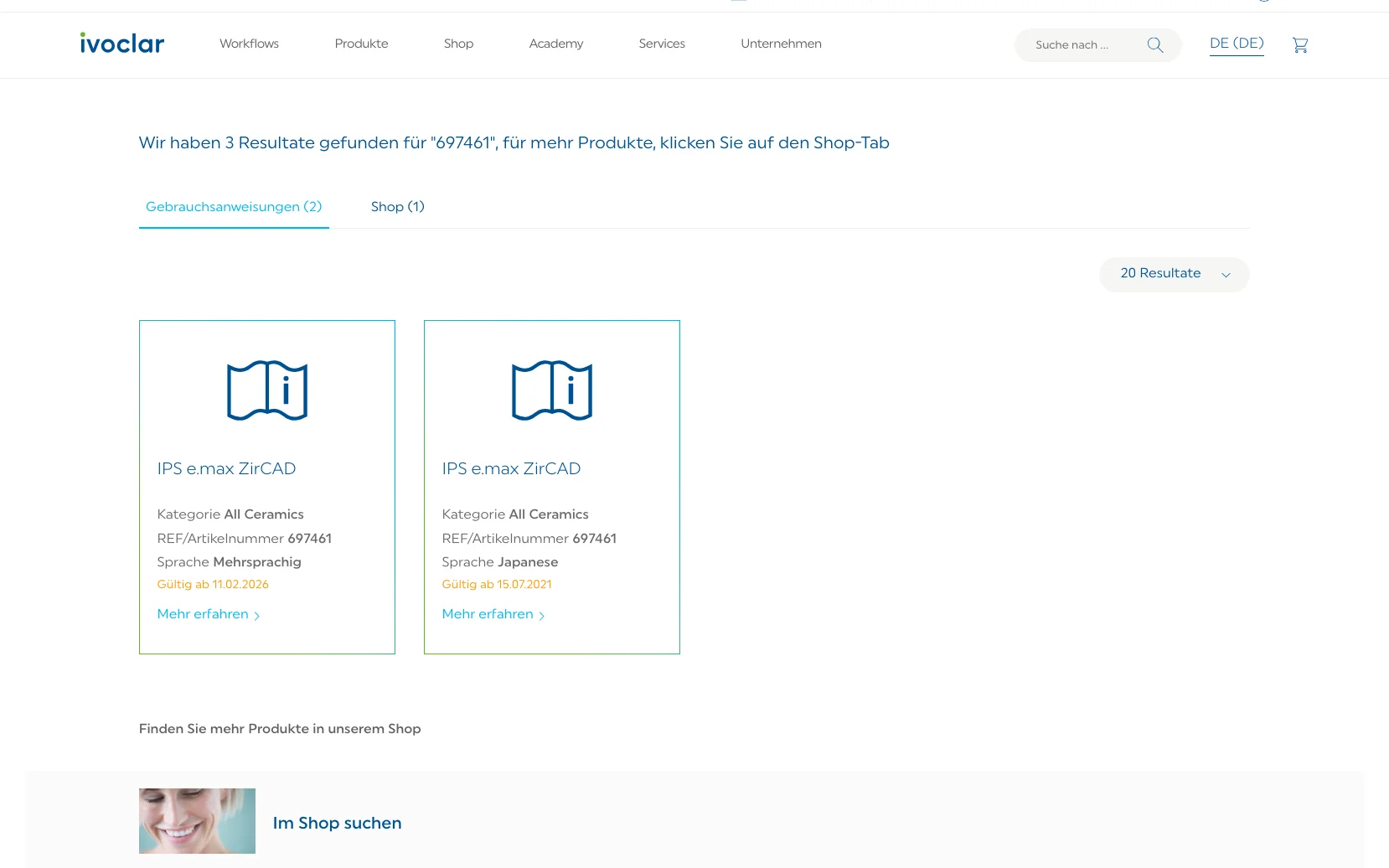 Screenshot-Beleg: Ivoclar Vivadent — Kriterium 2.2 Suche per Artikelnr./PZN/REF