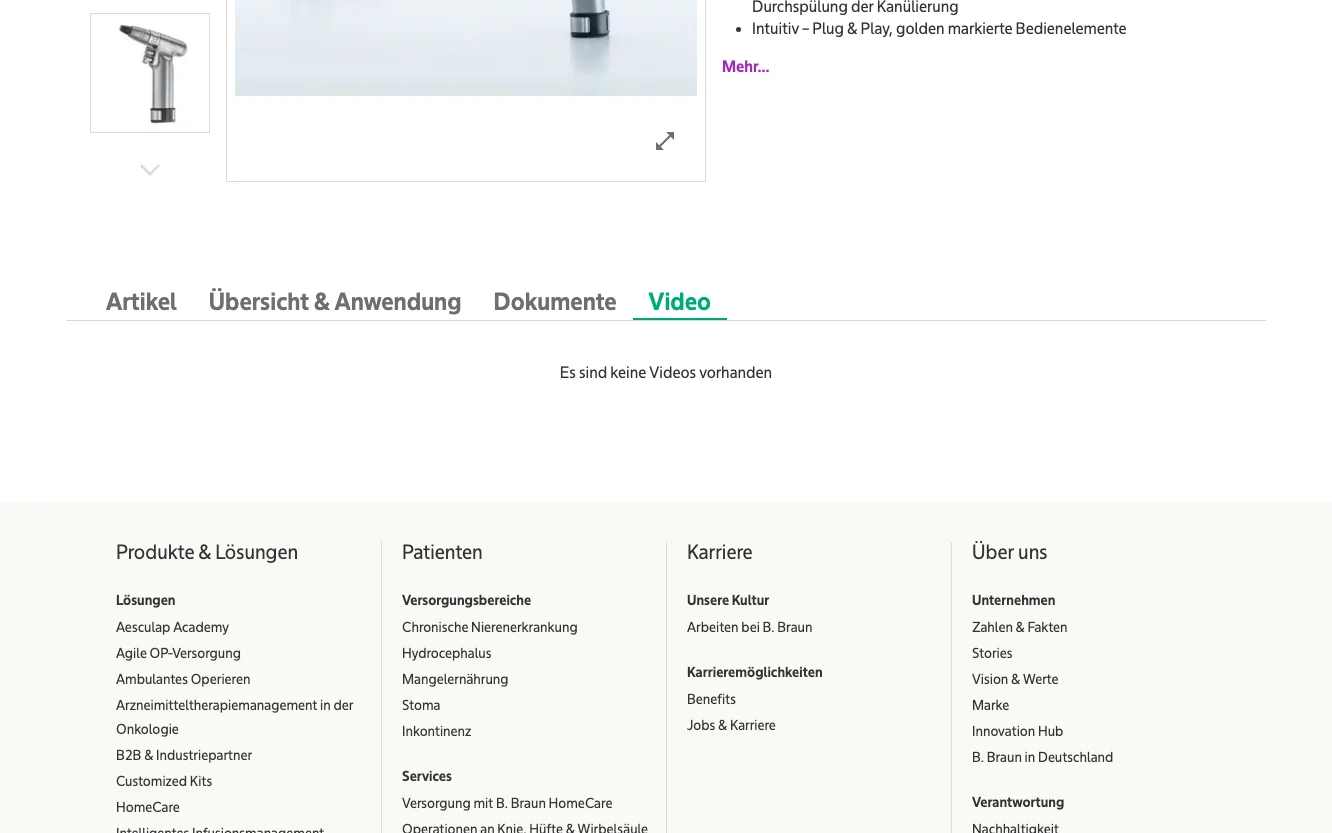 Screenshot-Beleg: B. Braun — Kriterium 4.6 Anwendungs-/Demo-Video auf der Produktseite