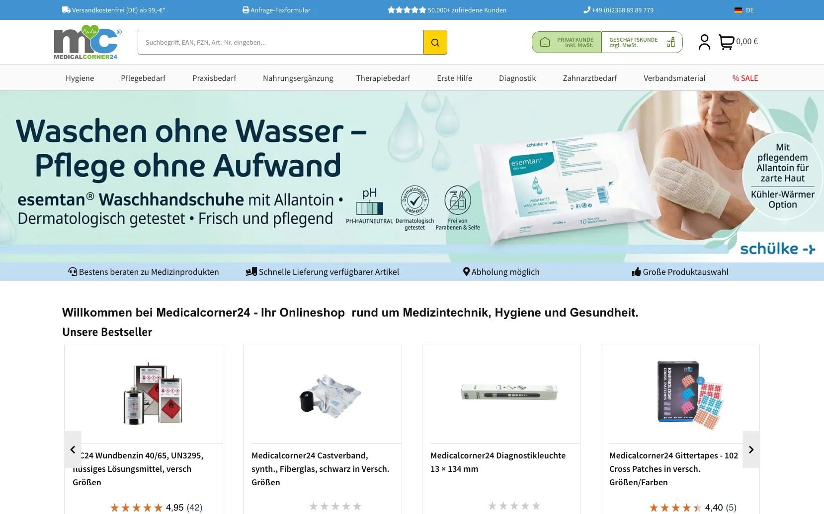 Screenshot-Beleg: medicalcorner24 — Kriterium 2.1 Suchfeld persistent in Top-Bar