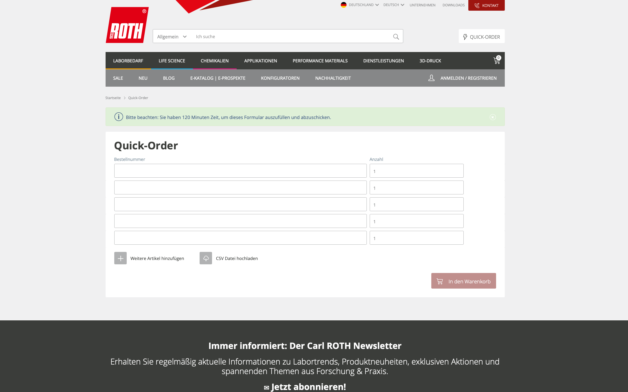 Screenshot-Beleg: Carl Roth — Kriterium 5.4 Schnellbestellung per Artikelnr.