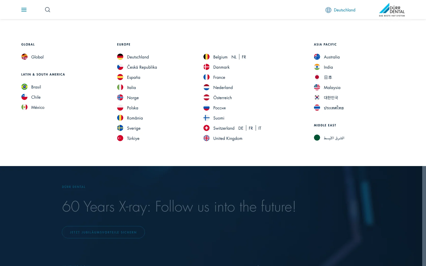 Screenshot-Beleg: Dürr Dental — Kriterium 1.5 Sprachauswahl