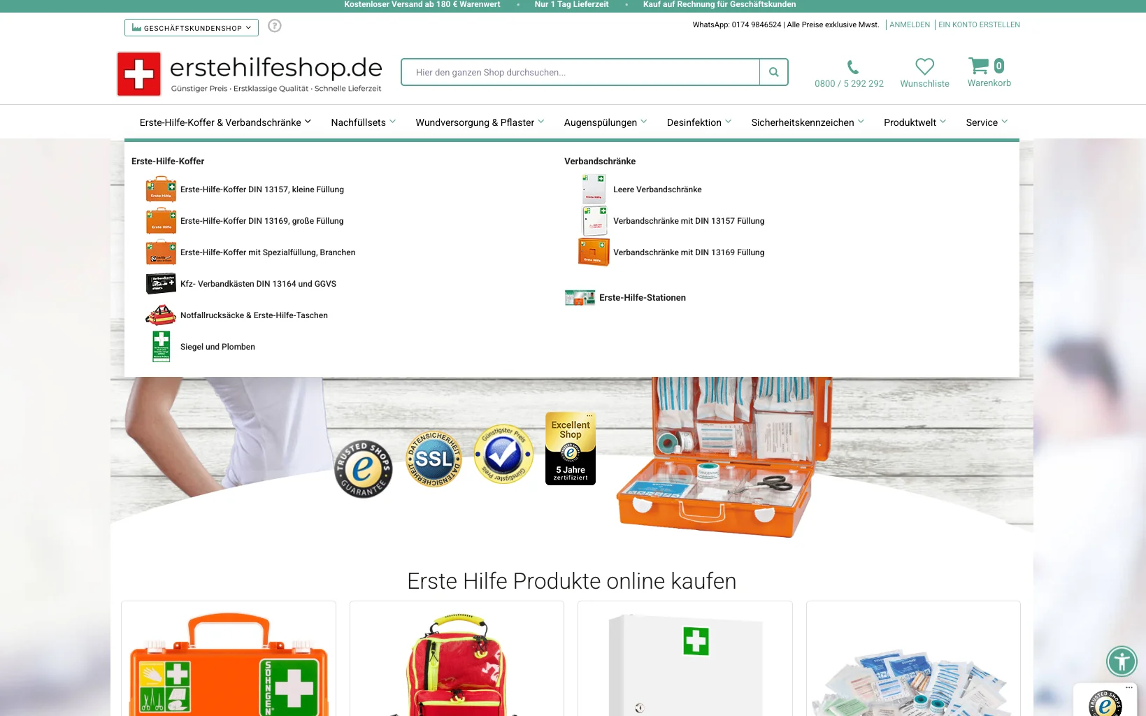 Screenshot-Beleg: erstehilfeshop.de — Kriterium 2.4 Mega-Menü / Hauptnavigation