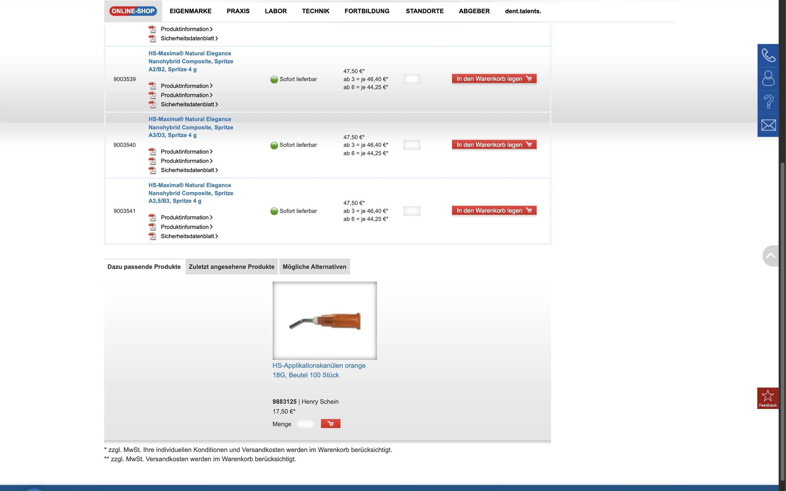 Screenshot-Beleg: Henry Schein Dental — Kriterium 1.3 Staffelpreise / Mengenrabatte