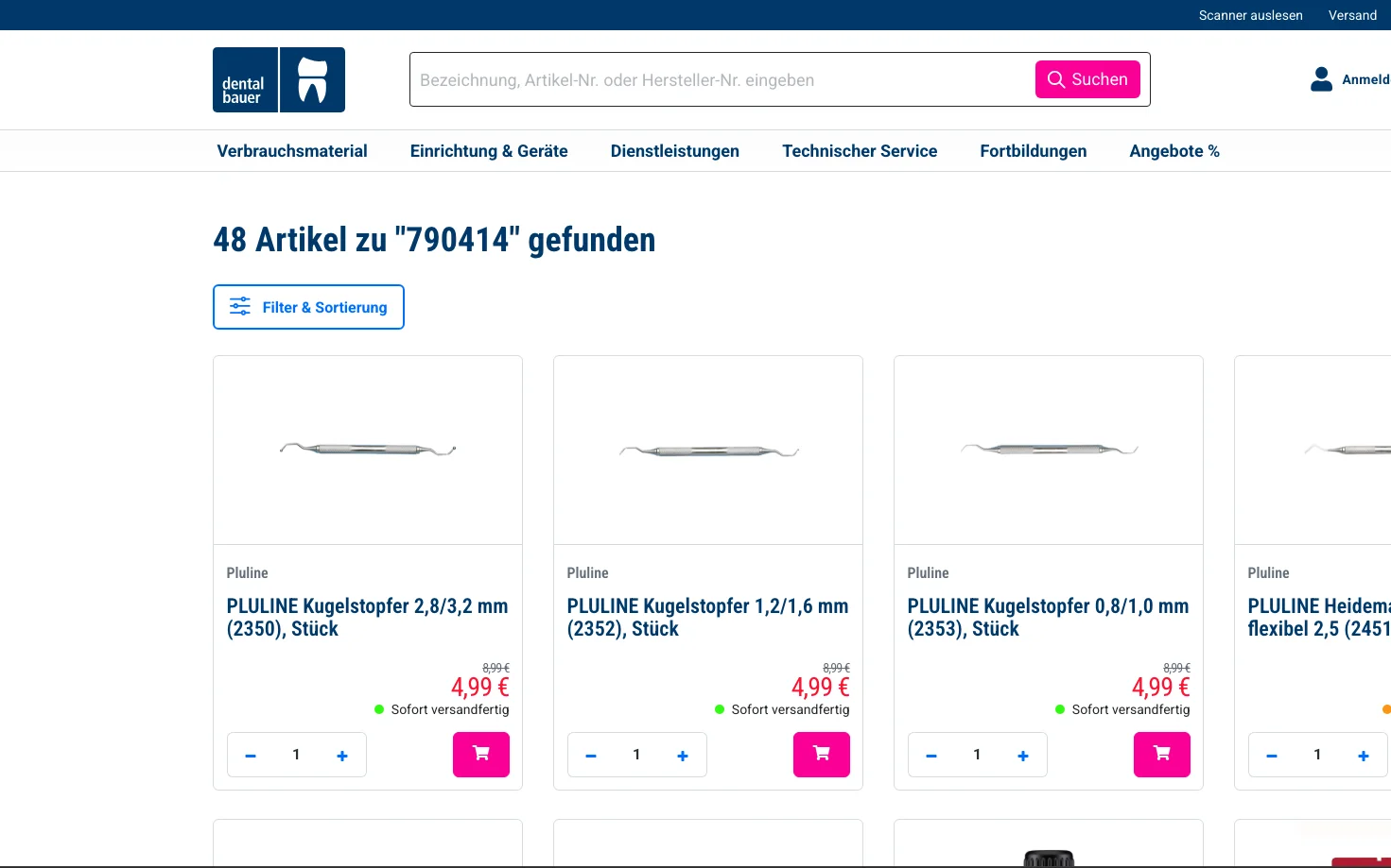 Screenshot-Beleg: Dental Bauer — Kriterium 2.2 Suche per Artikelnr./PZN/REF