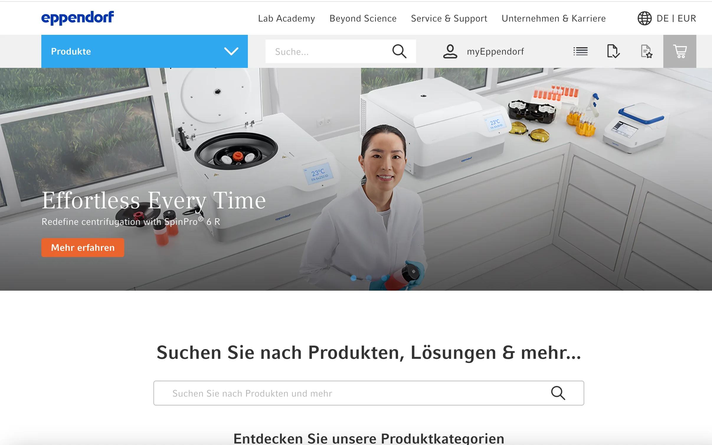 Screenshot-Beleg: Eppendorf — Kriterium 2.1 Suchfeld persistent in Top-Bar