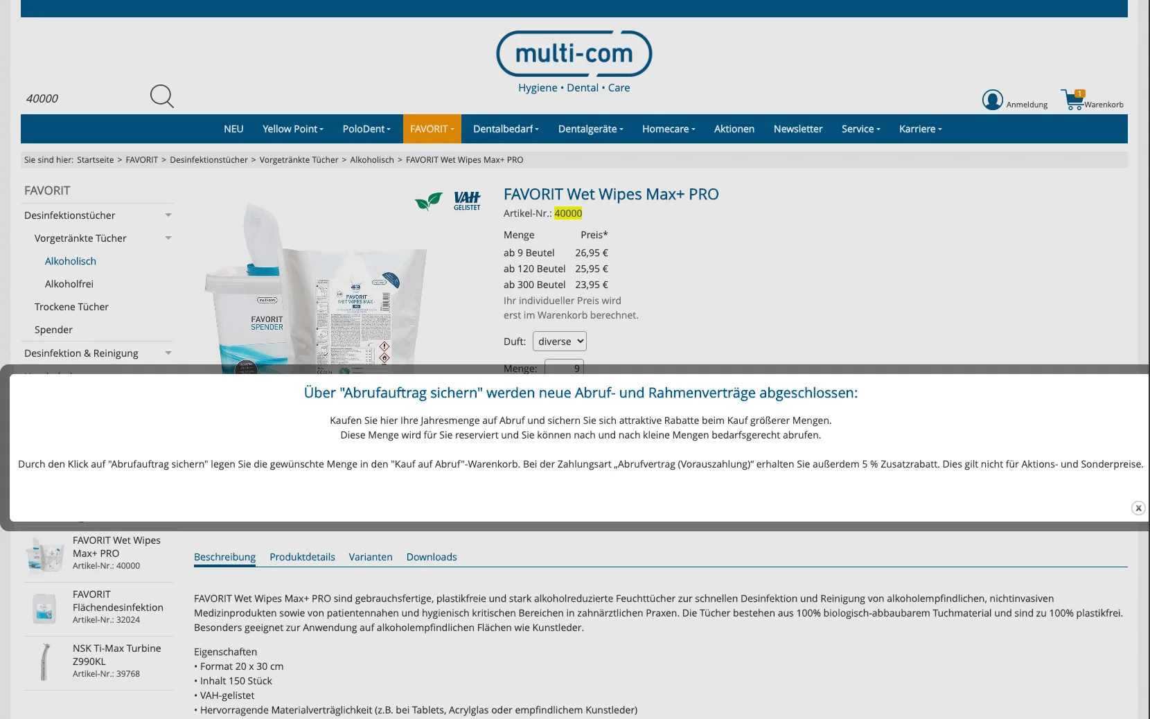 Screenshot-Beleg: multi-com — Kriterium 5.4 Schnellbestellung per Artikelnr.