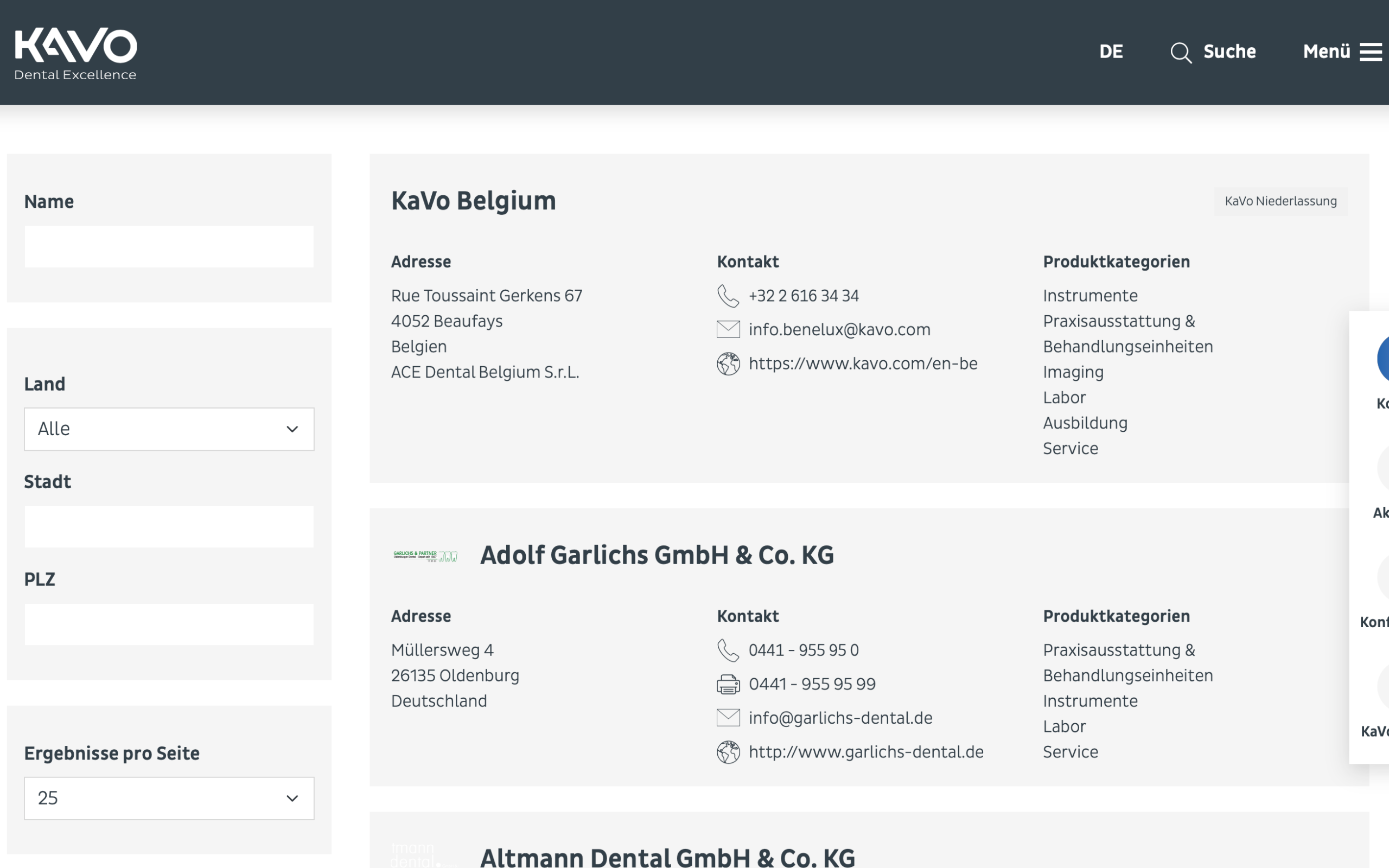 Screenshot-Beleg: KaVo Dental — Kriterium 5.1 „Wo kaufen"-Info auf Site
