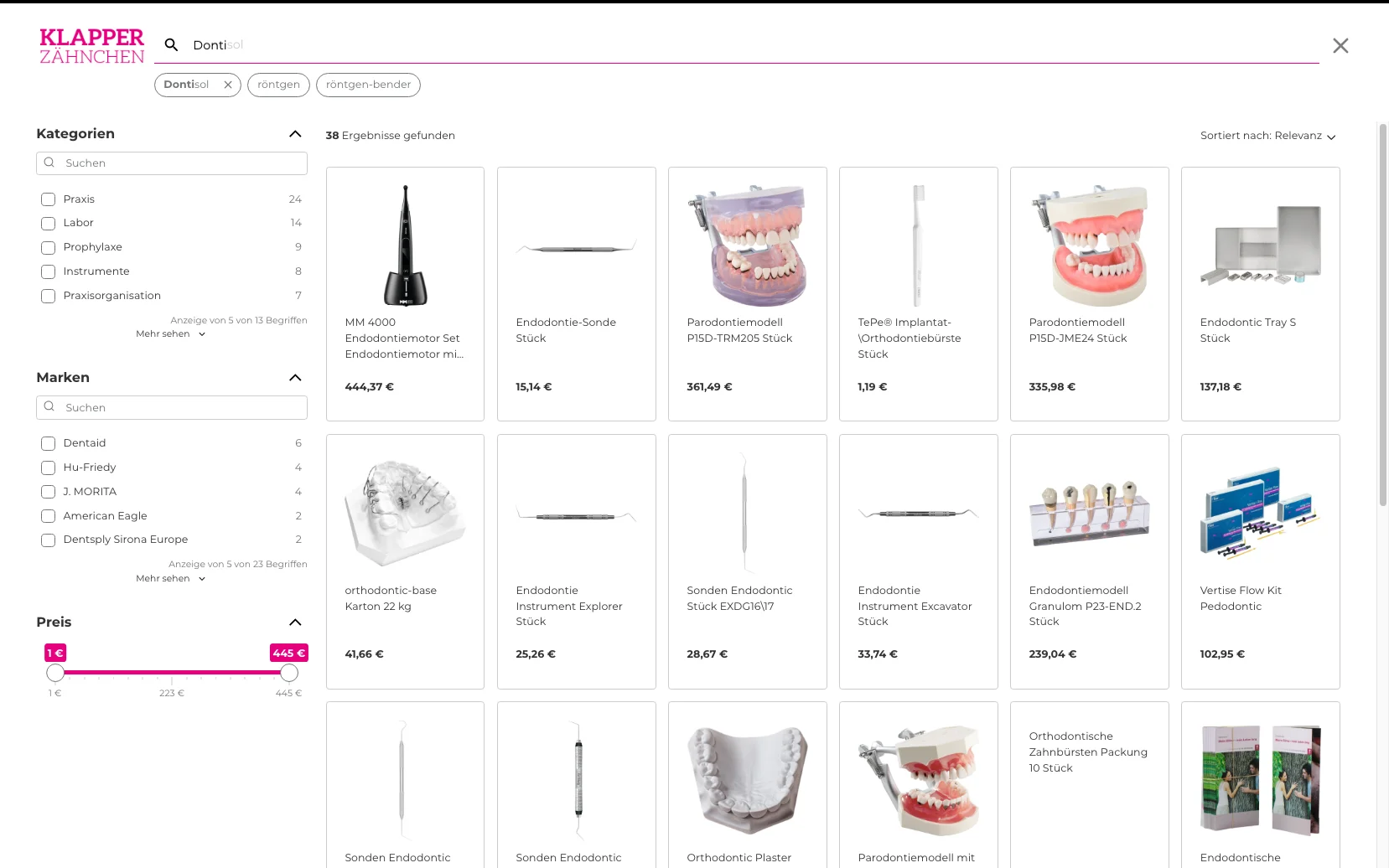 Screenshot-Beleg: Klapperzähnchen — Kriterium 2.3 Suchvorschläge während der Eingabe