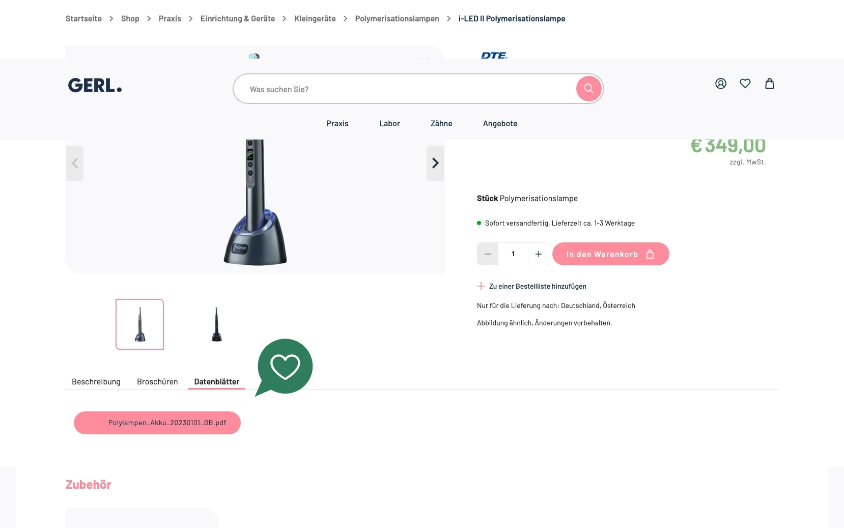 Screenshot-Beleg: Gerl Dental — Kriterium 4.2 Tech. Dokumente downloadbar