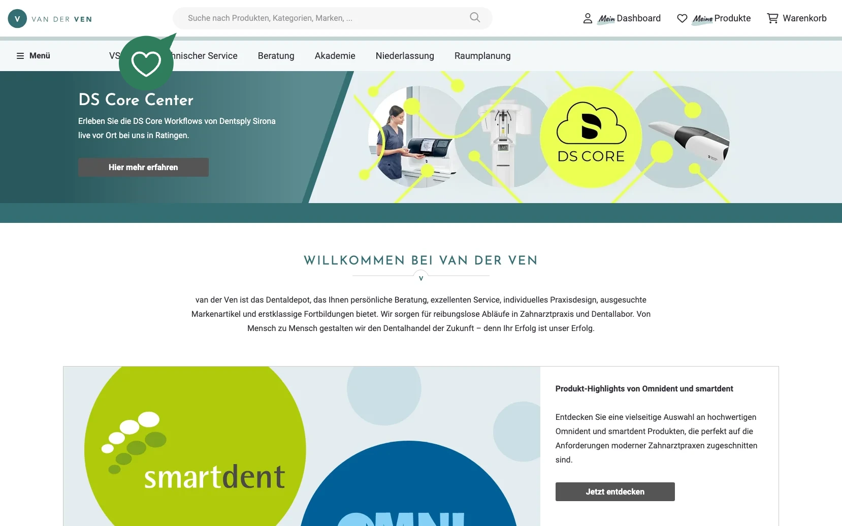 Screenshot-Beleg: van der Ven Dental — Kriterium 2.1 Suchfeld persistent in Top-Bar
