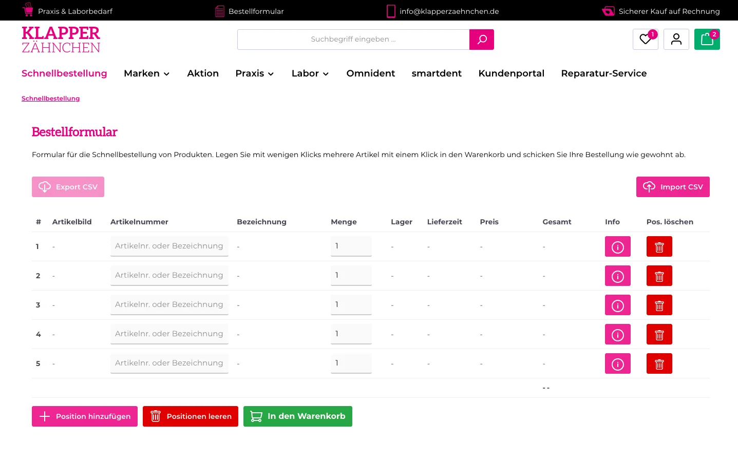 Screenshot-Beleg: Klapperzähnchen — Kriterium 5.4 Schnellbestellung per Artikelnr.