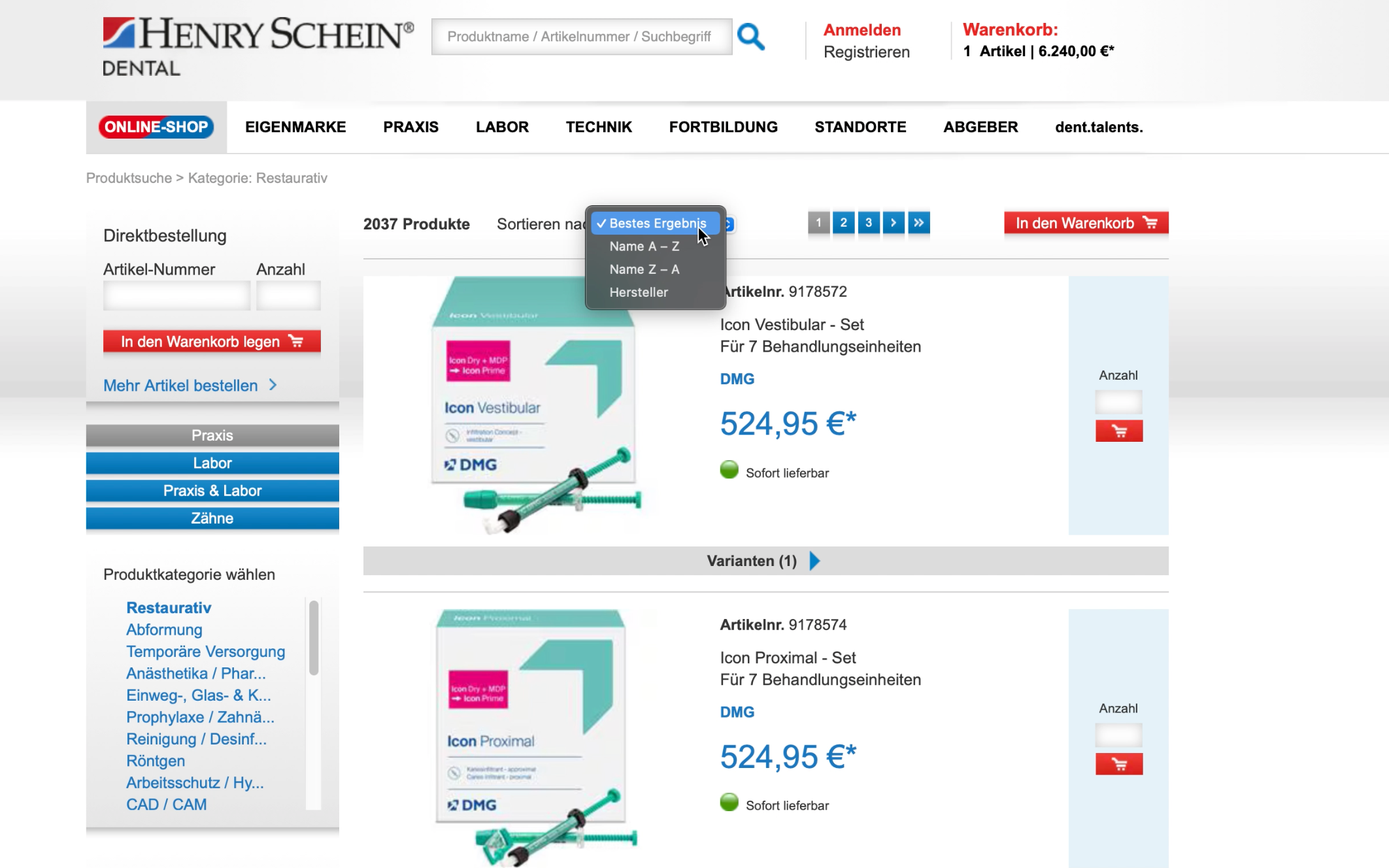 Screenshot-Beleg: Henry Schein Dental — Kriterium 3.2 Sortieroptionen