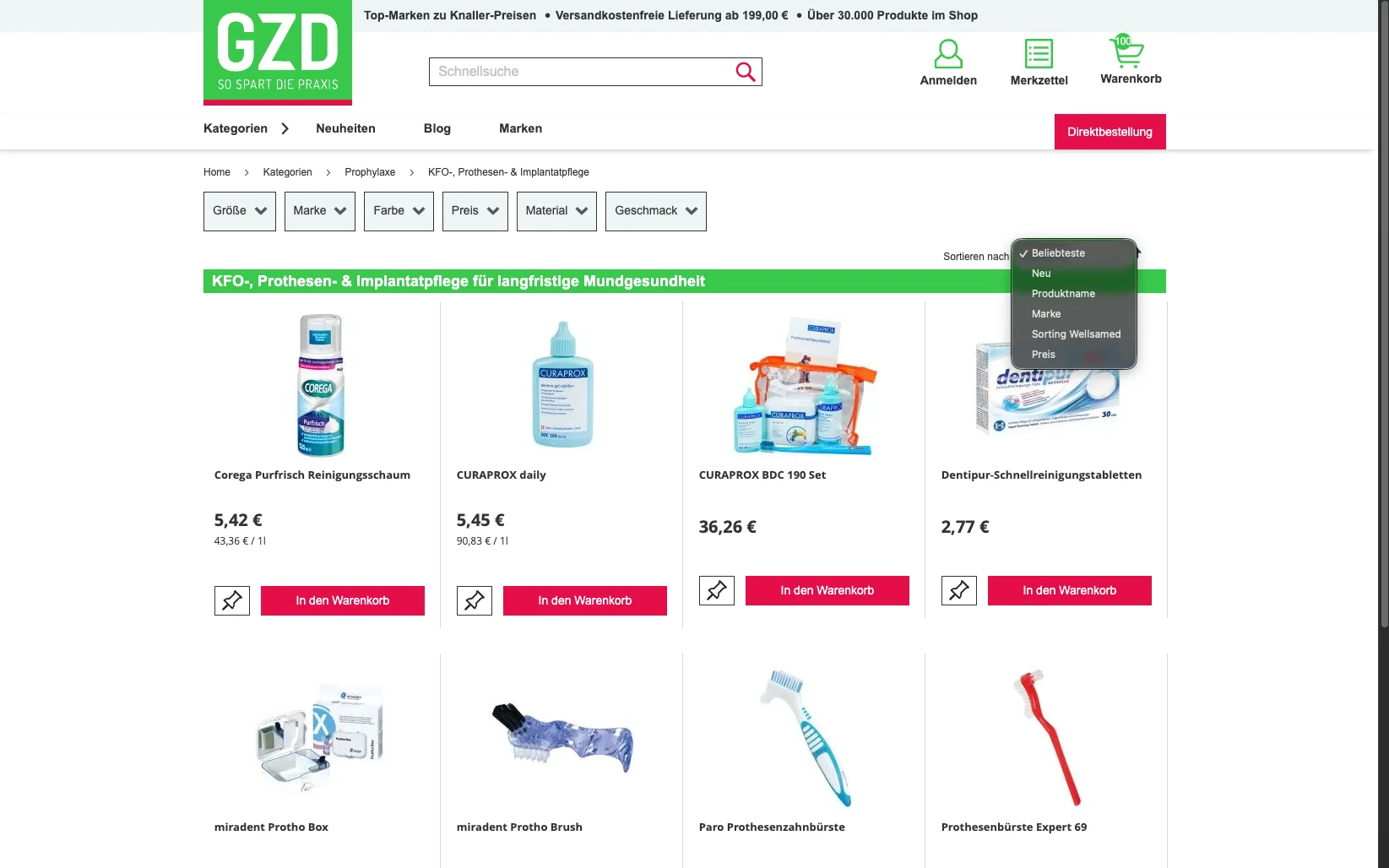 Screenshot-Beleg: Geiz Dental — Kriterium 3.2 Sortieroptionen