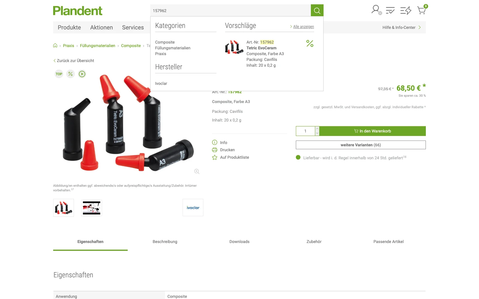 Screenshot-Beleg: Plandent — Kriterium 2.2 Suche per Artikelnr./PZN/REF