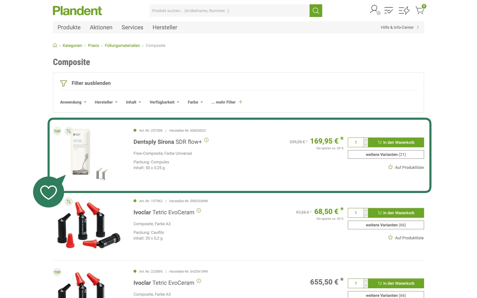 Screenshot-Beleg: Plandent — Kriterium 3.3 Produktidentifikation in der Produktliste