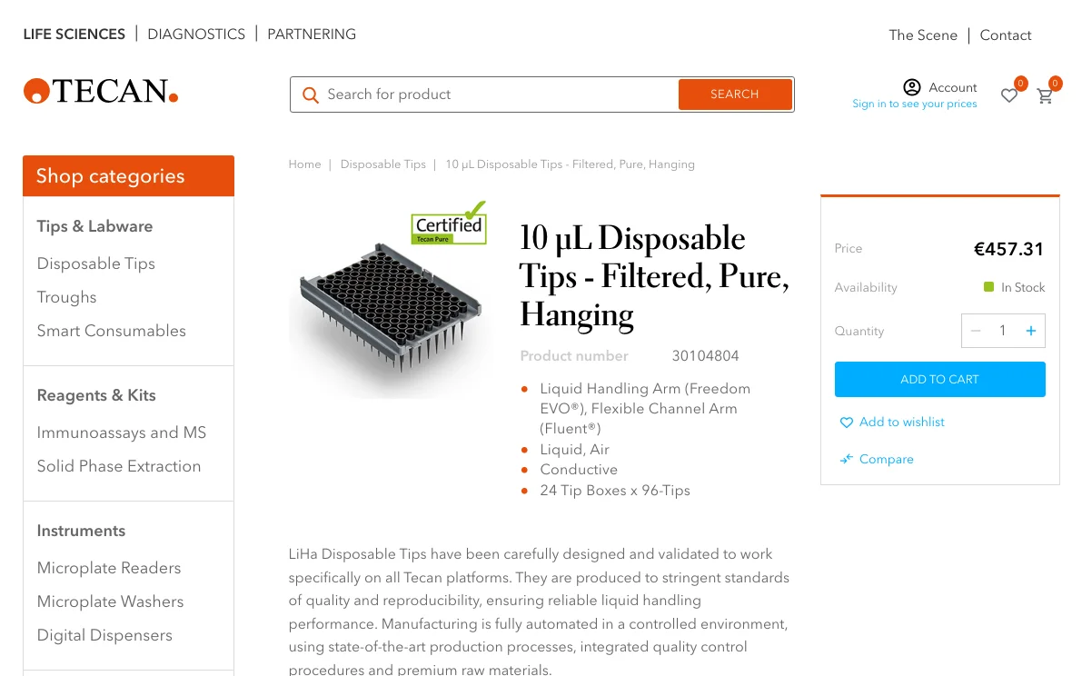 Screenshot-Beleg: Tecan — Kriterium 5.1 „Wo kaufen"-Info auf Site