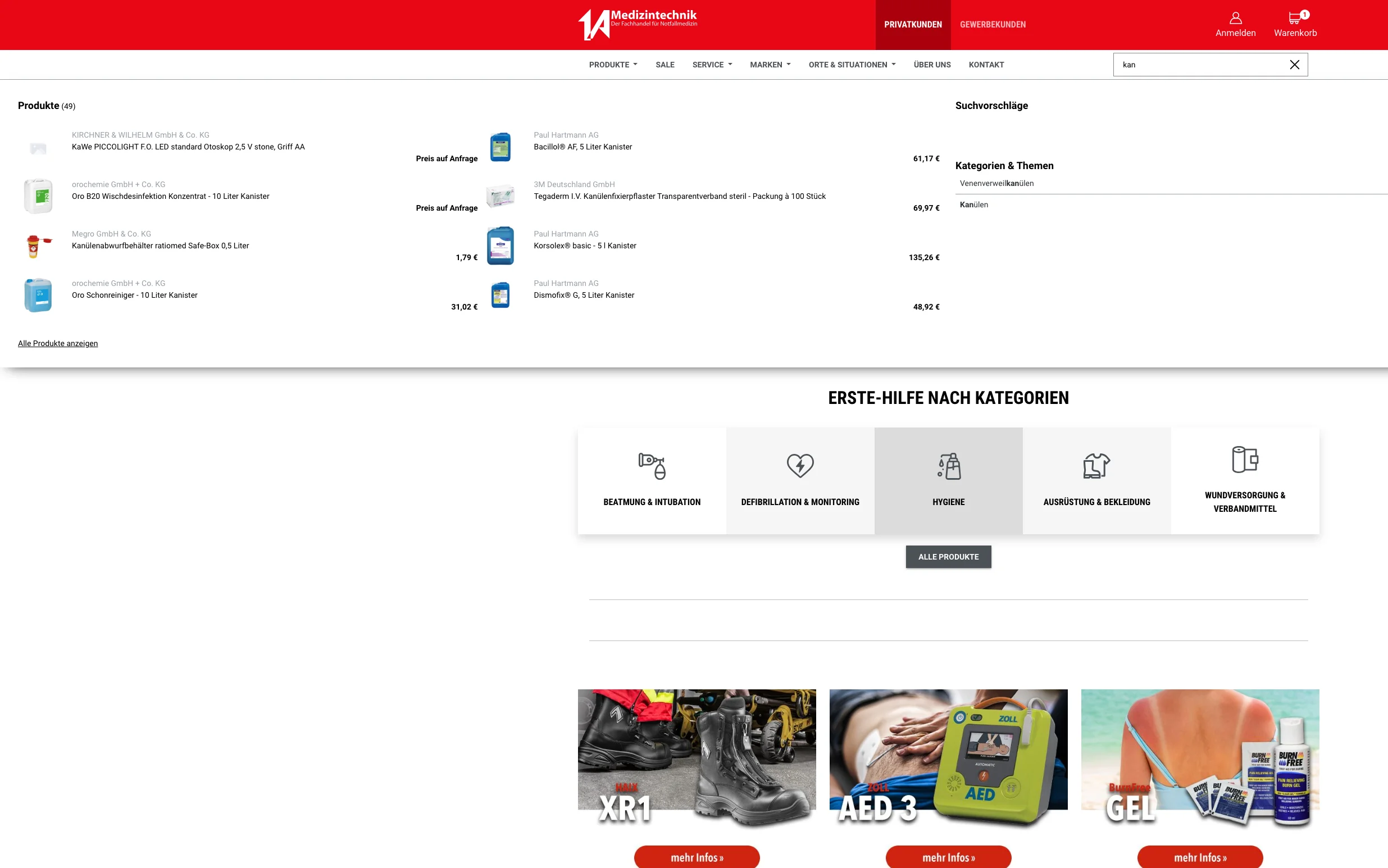 Screenshot-Beleg: 1a-medizintechnik — Kriterium 2.3 Suchvorschläge während der Eingabe