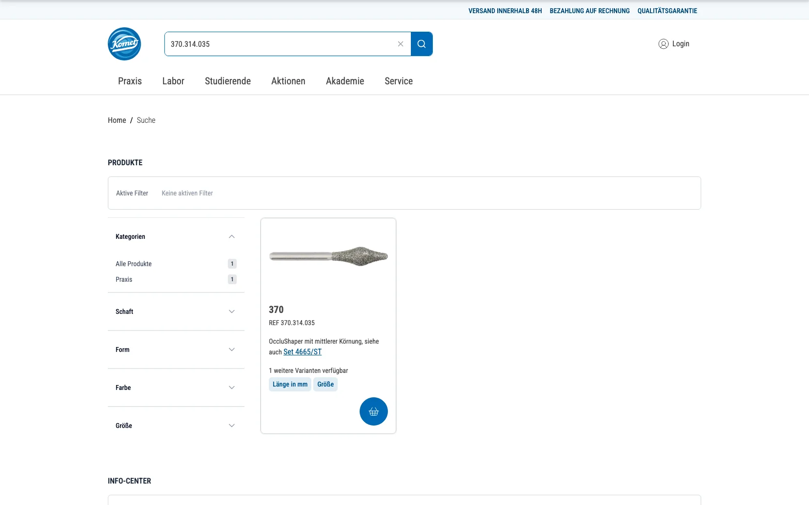 Screenshot-Beleg: Komet Dental — Kriterium 2.2 Suche per Artikelnr./PZN/REF