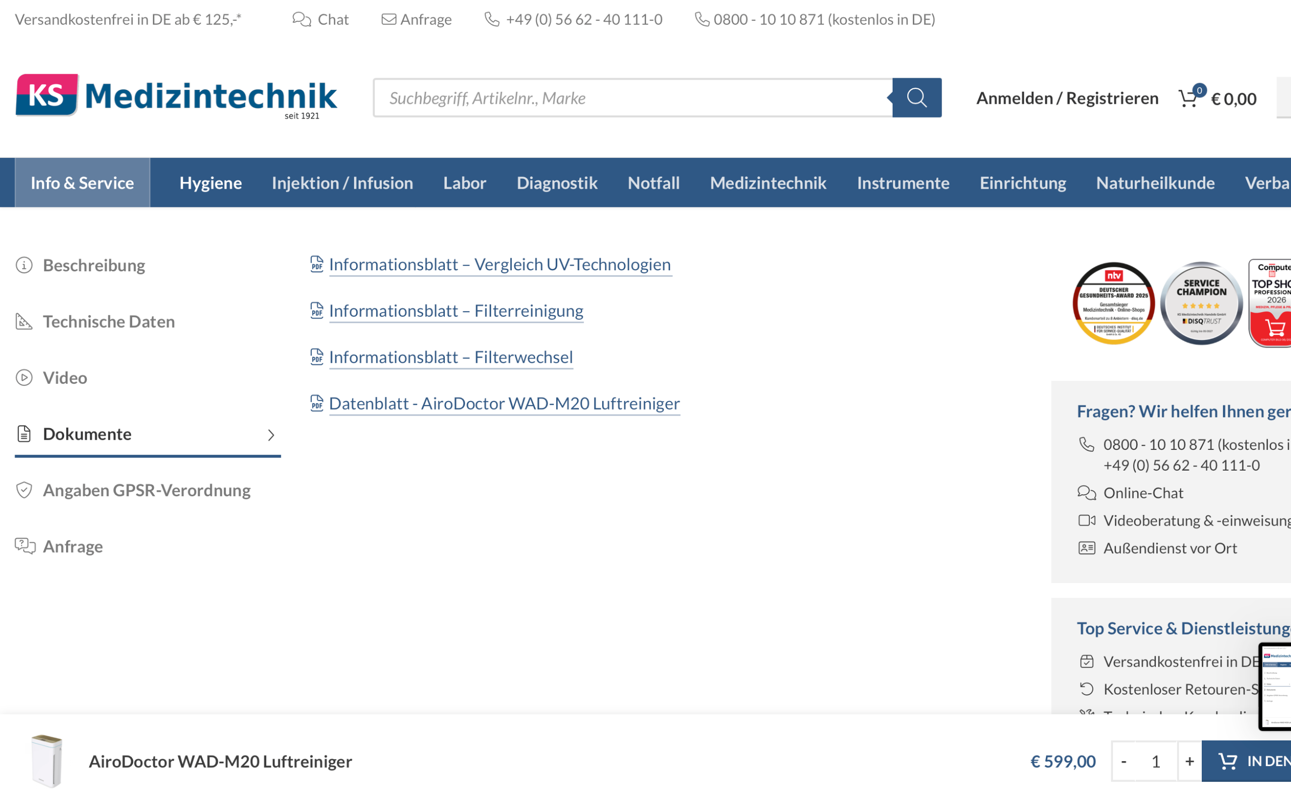 Screenshot-Beleg: KS Medizintechnik — Kriterium 4.2 Tech. Dokumente downloadbar