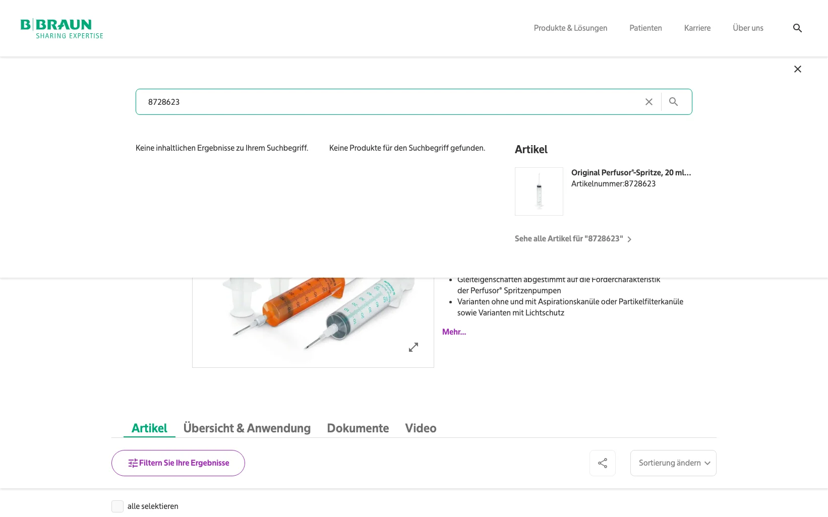 Screenshot-Beleg: B. Braun — Kriterium 2.2 Suche per Artikelnr./PZN/REF