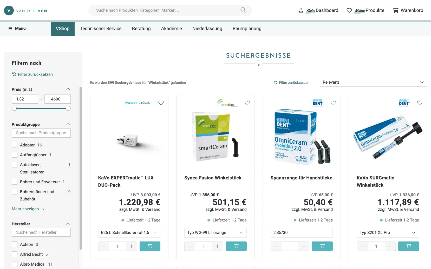 Screenshot-Beleg: van der Ven Dental — Kriterium 3.3 Produktidentifikation in der Produktliste