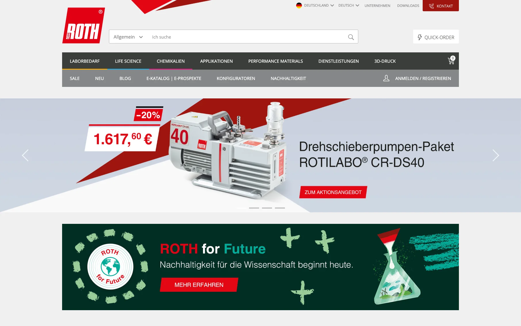 Screenshot-Beleg: Carl Roth — Kriterium 2.1 Suchfeld persistent in Top-Bar