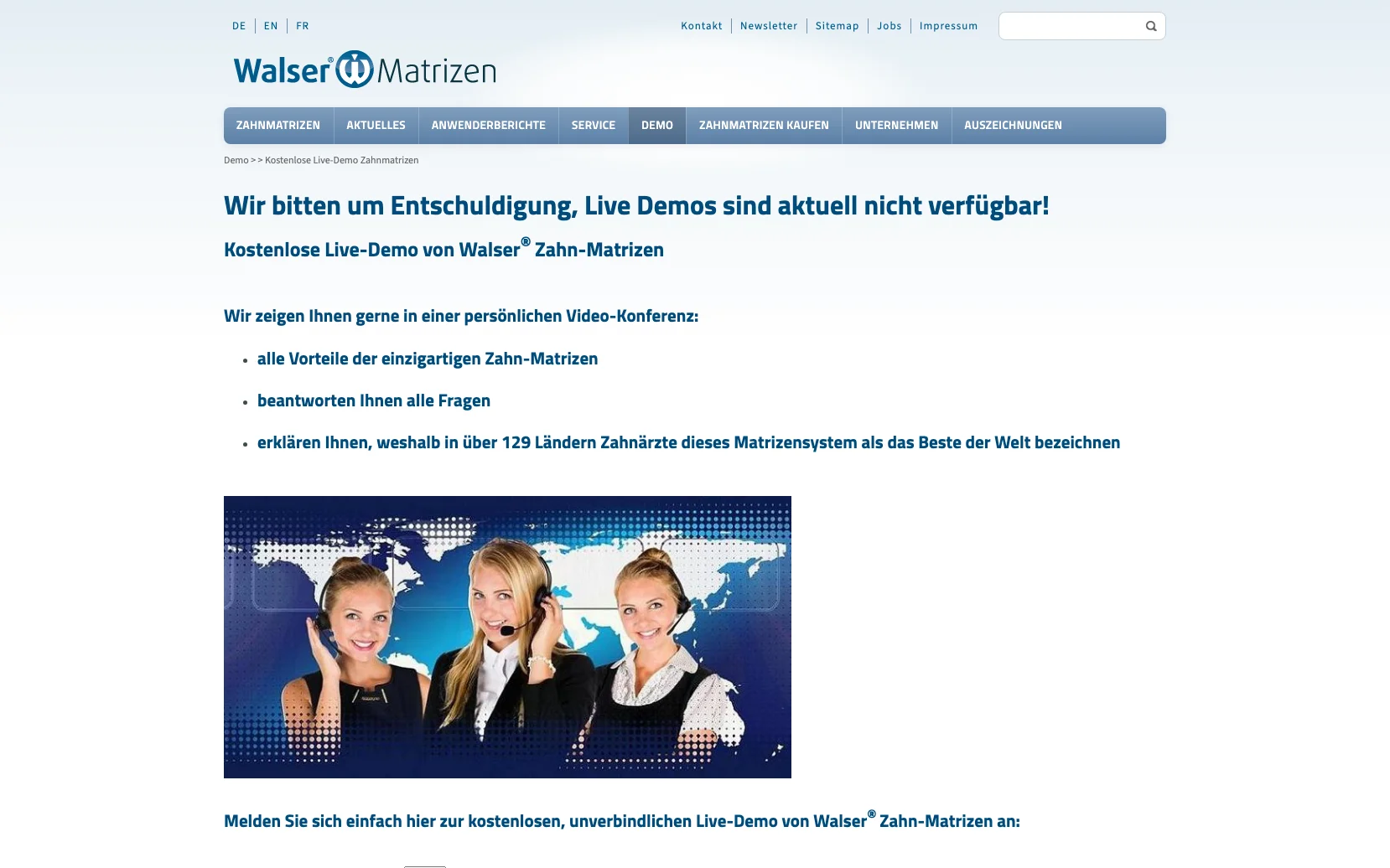 Screenshot-Beleg: Dr. Walser Dental GmbH — Kriterium 4.10 Demo / Trial / Probe anforderbar