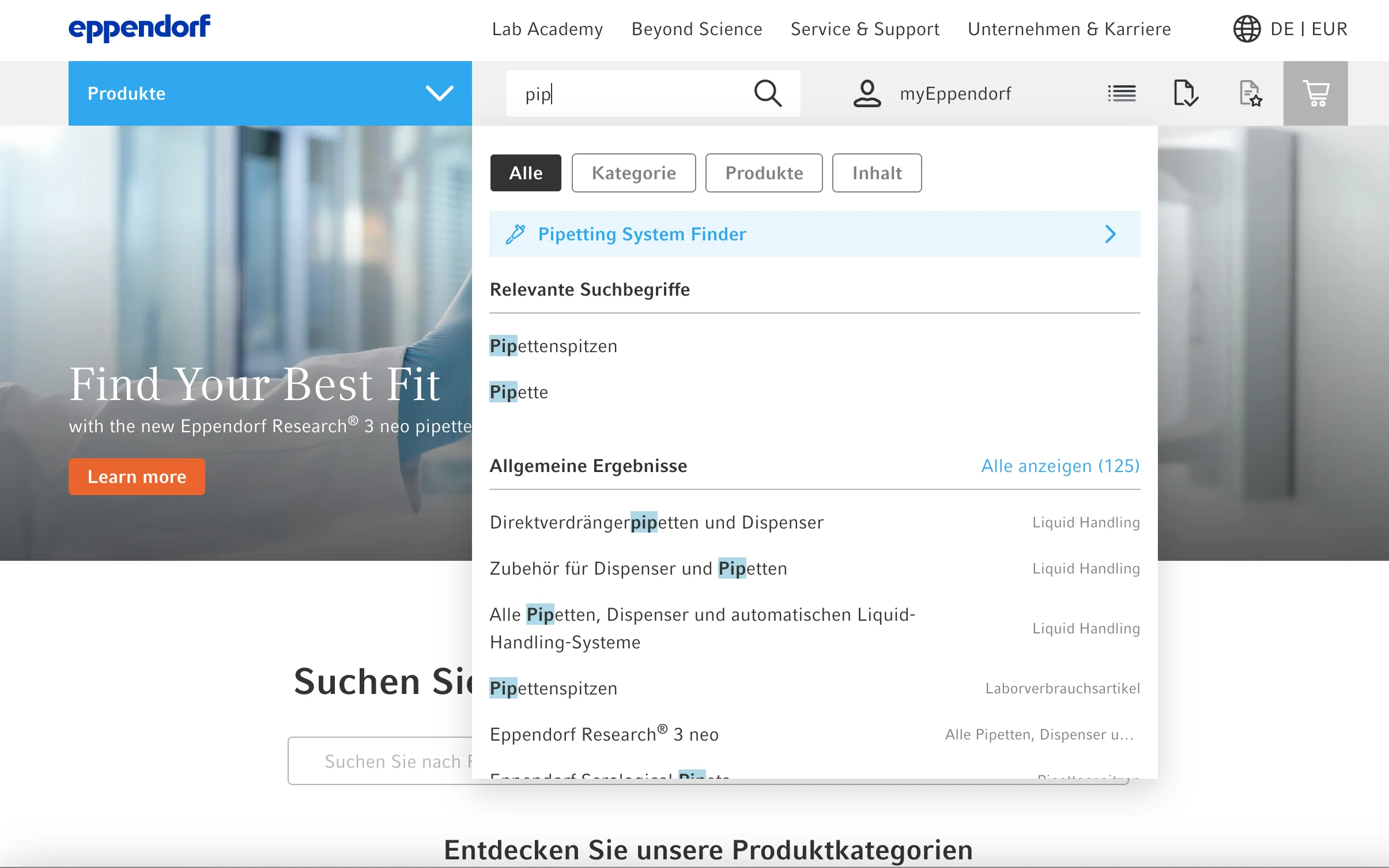 Screenshot-Beleg: Eppendorf — Kriterium 2.3 Suchvorschläge während der Eingabe
